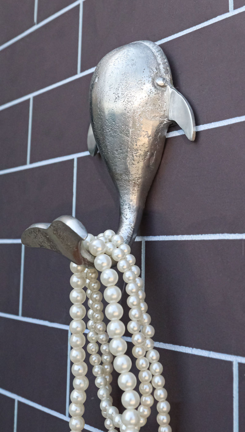 Set of 2 Aluminum Nautical Marine Beluga Whale Flailing Tail Wall Hook Hangers