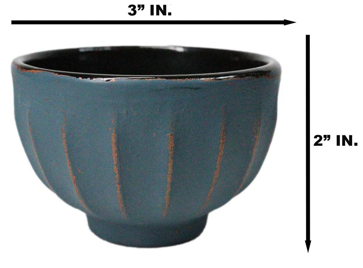 Blue Gold Ridged Lines Japanese Tetsubin Style Cast Iron Tea Cups Set of 4