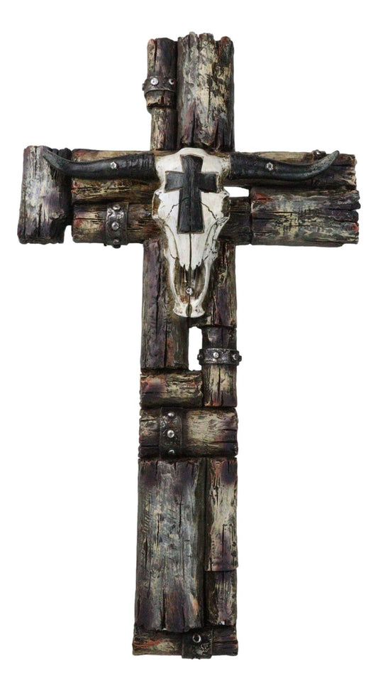 Rustic Western Longhorn Cow Skull On Faux Wood Barnyard Planks Wall Cross