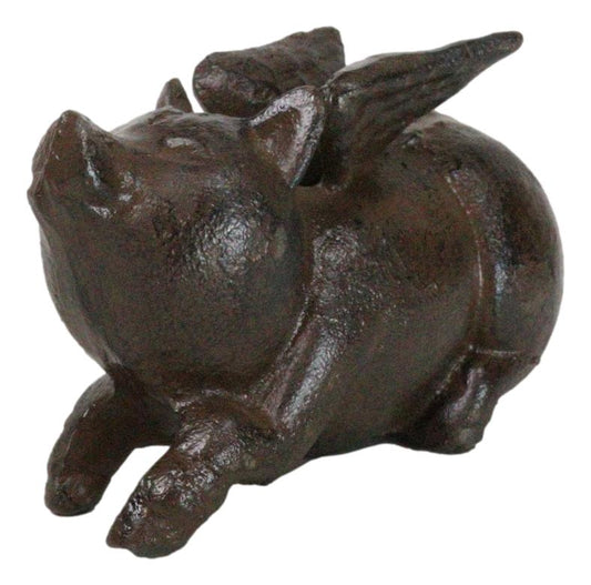 Pack Of 2 Cast Iron Whimsical Flying Winged Angel Pig Sculpture Paperweight 5"L