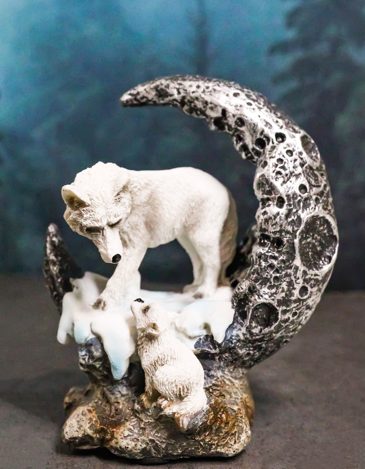Winter Snow White Wolf Mother With Pup By Snowy Crater Crescent Moon Figurine