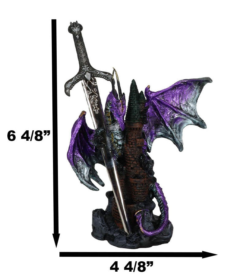 Purple Knight Dragon With Castle Tower And Gothic Sword Letter Opener Figurine