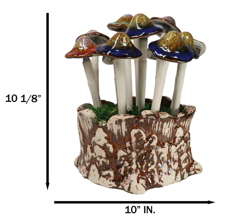 Fairy Garden Colorful 12 Piece Ceramic Mushroom Picks With Planter Holder Set