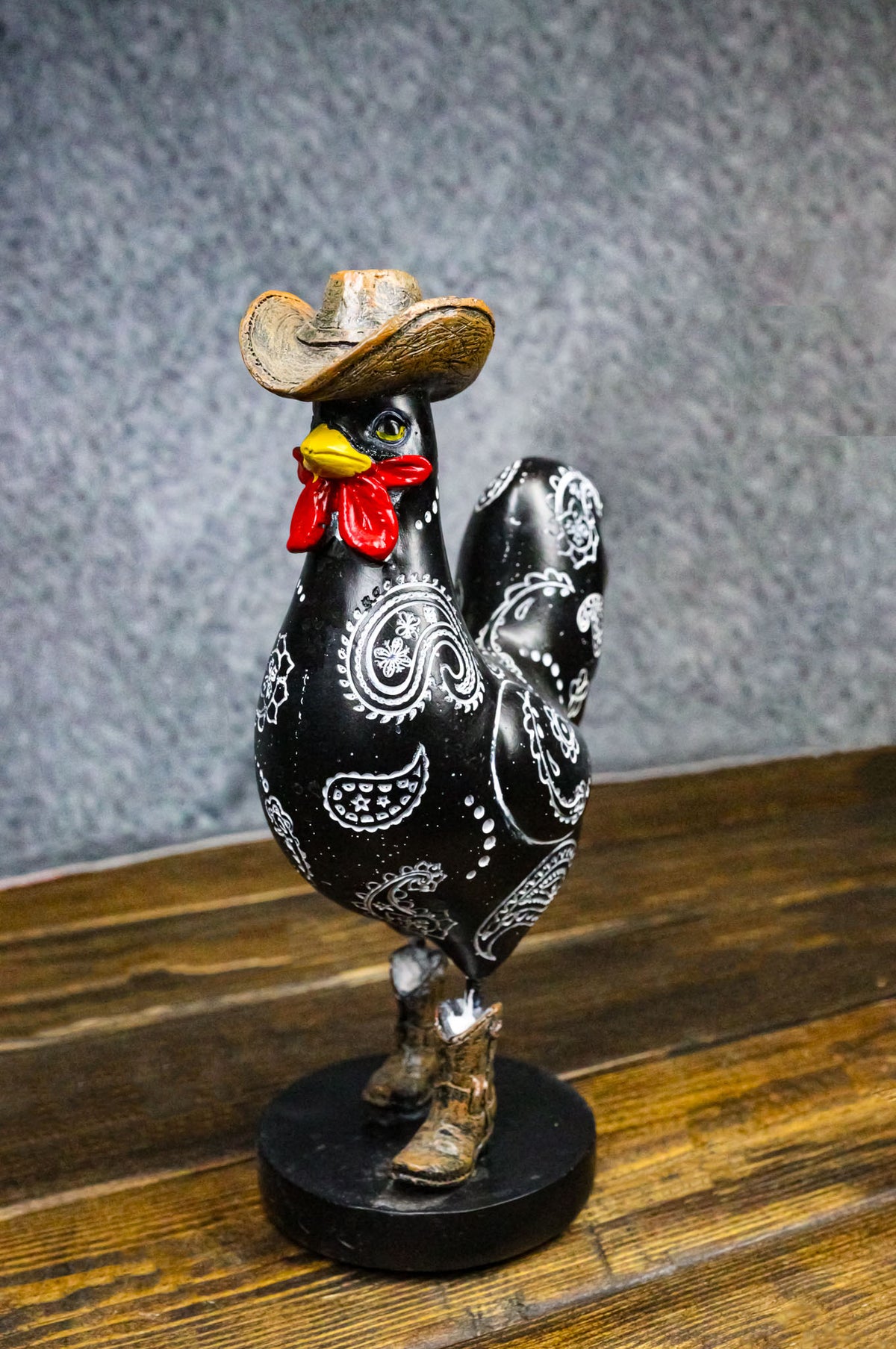 Black Western Country Cowboy Chicken Rooster Wearing Hat And Boots Figurine 8"H