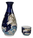 Blue Moon Rabbit With Waves Porcelain Sake Carafe Flask And 4 Ochoko Cups Set