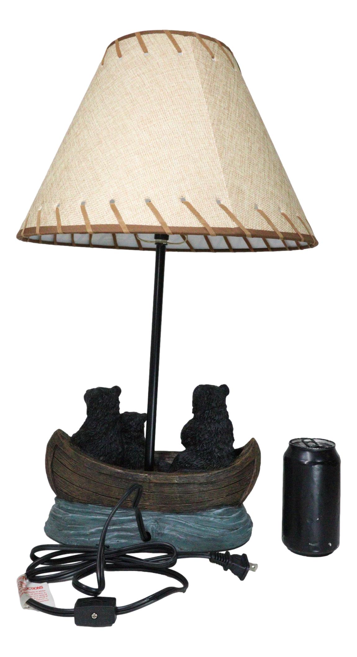 Rustic Woody Forest River Run Black Bears With Cub Rowing Canoe Boat Table Lamp