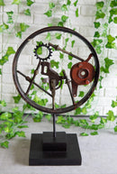 Rustic Grey Metal Industrial Geared Clockwork Steampunk Wheel Sculpture W/ Base