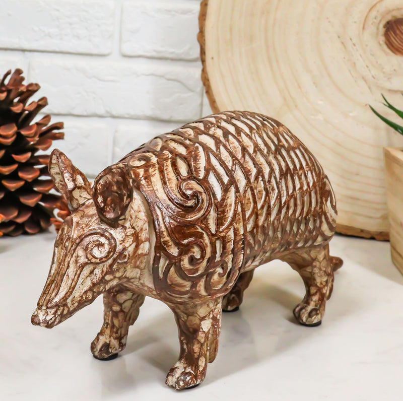 Western Rustic Texas Wild Mammal Armadillo In Tooled Faux Wood Finish Figurine