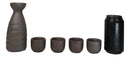 Glazed Ceramic Abstract Clay Brown Japanese Sake Tokkuri Flask And 4 Cups Set