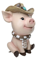 Rustic Western Comical Sitting Pig with Turquoise Cowboy Hat and Scarf Figurine