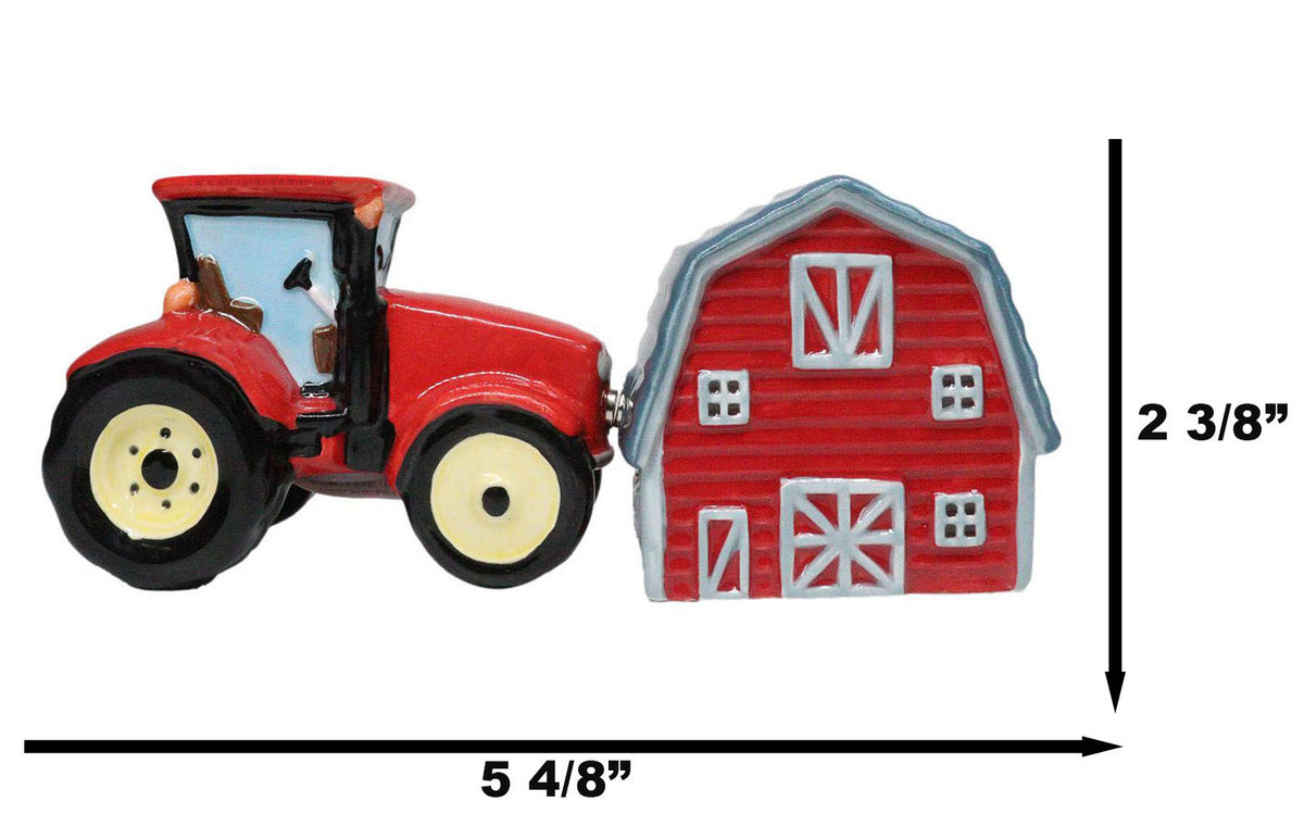 Ceramic Agricultural Country Farm Red Barn And Tractor Salt And Pepper Shakers