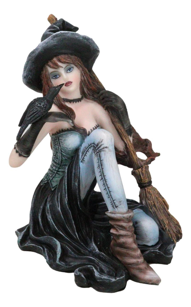 Gothic Black Witch Sorceress with Raven Crow and Magical Broomstick Figurine