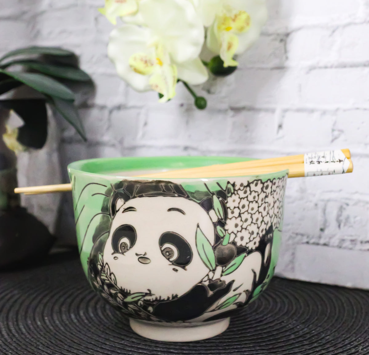 Green Lucky Panda With Flowers Ceramic Donburi Ramen Bowl With Chopsticks Set