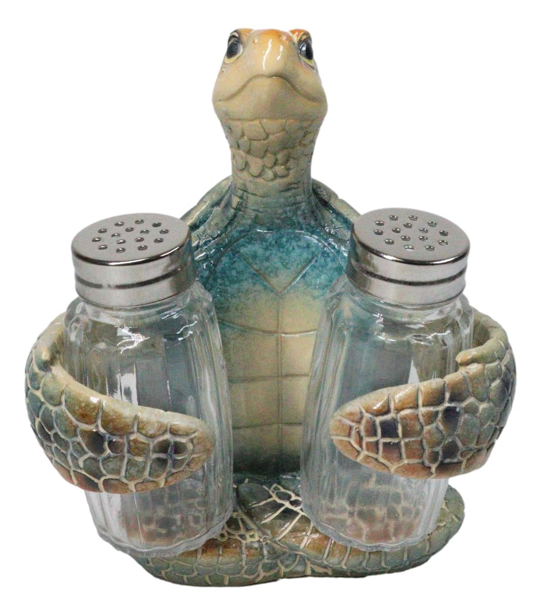 Marine Blue Shell Sea Turtle Hugging Glass Salt Pepper Shakers Holder Figurine