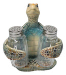 Marine Blue Shell Sea Turtle Hugging Glass Salt Pepper Shakers Holder Figurine