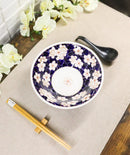 White Ume Plum Flowers Ceramic Ramen Bowl Soup Spoon Chopsticks And Rest Set