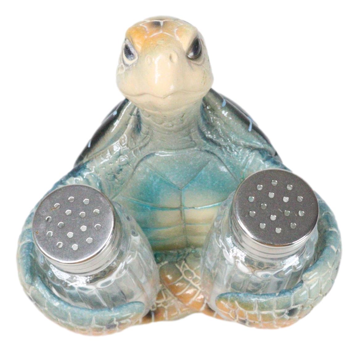 Nautical Marine Blue Giant Sea Turtle Hugging Salt And Pepper Shakers Holder Set - Ebros Gift