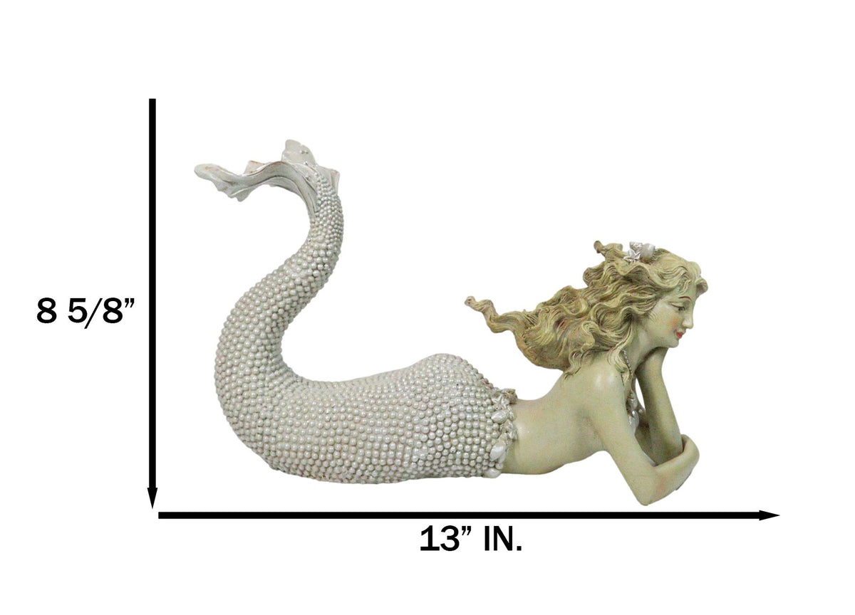 Nautical Marine Vintaged Pearly Mermaid Lying On Belly Daydreaming Figurine 13"L