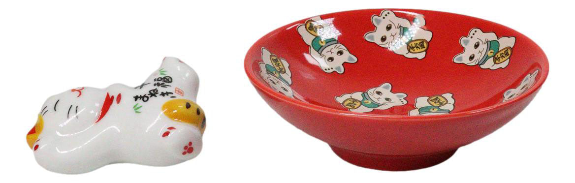 Maneki Neko Lucky Cats Red Sauce Dishes Chopsticks And Rests Sushi Set For 2