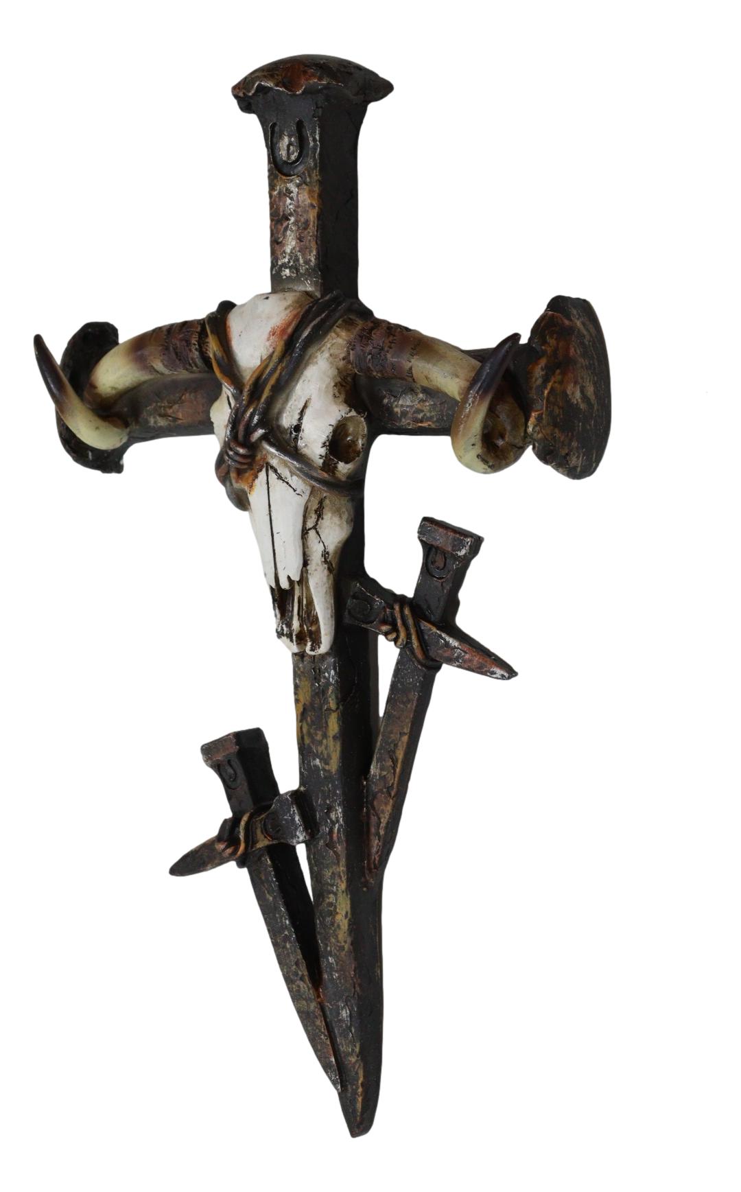 Rustic Western Barbed Wires Cow Skull With 3 Spike Nails Crosses Wall Cross