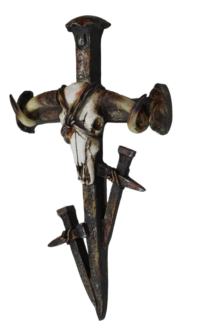 Rustic Western Barbed Wires Cow Skull With 3 Spike Nails Crosses Wall Cross