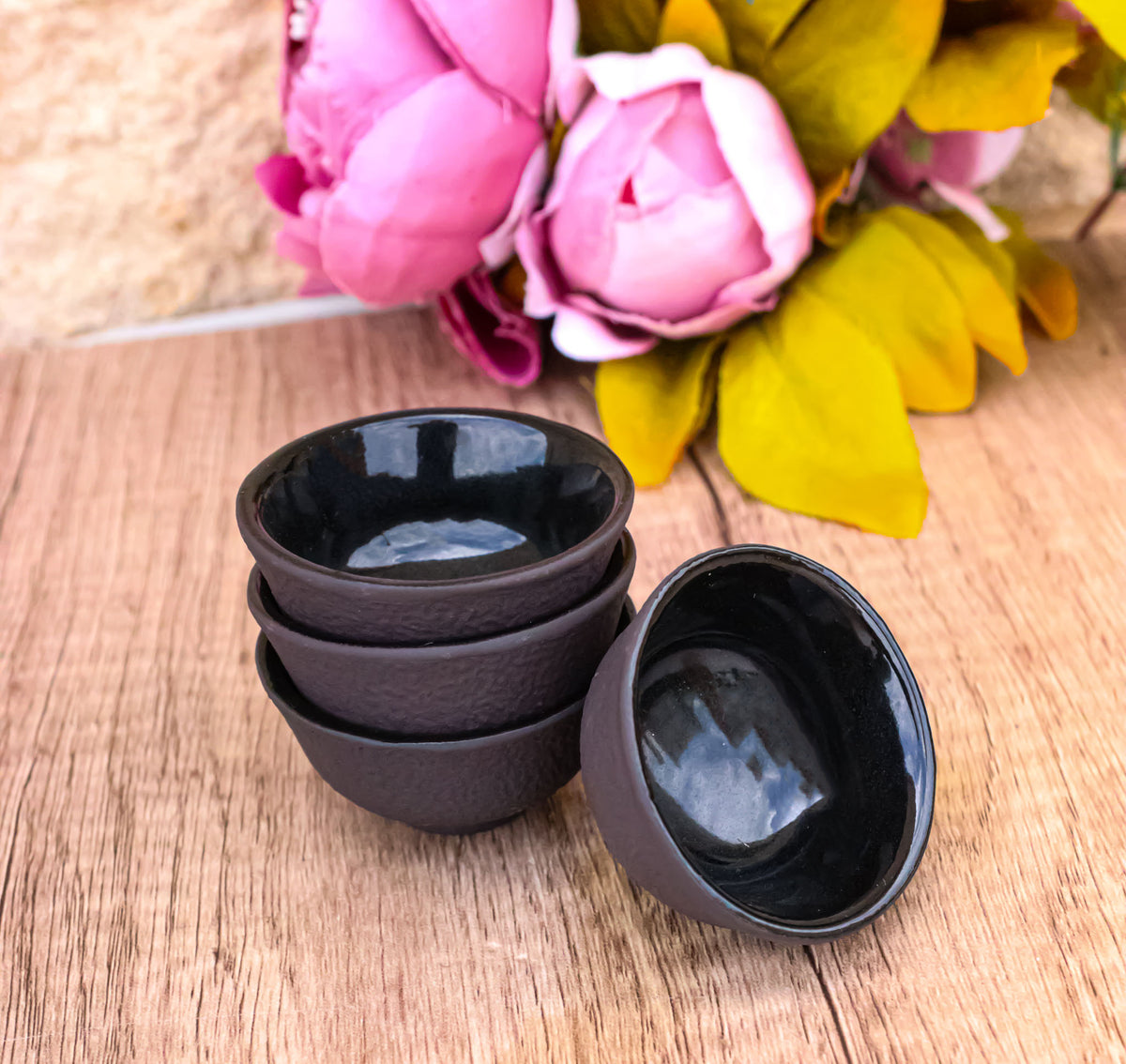 Brown Textured Surface Japanese Tetsubin Style Cast Iron Mini Tea Cups Set of 4