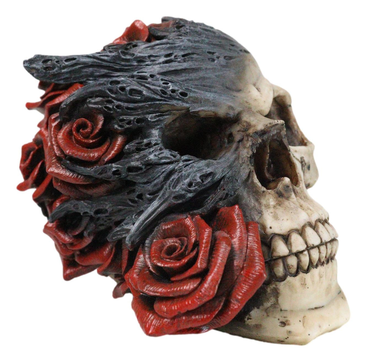 Day of The Dead Romantic Gothic Thorny Red Roses Two Faced Skull Figurine
