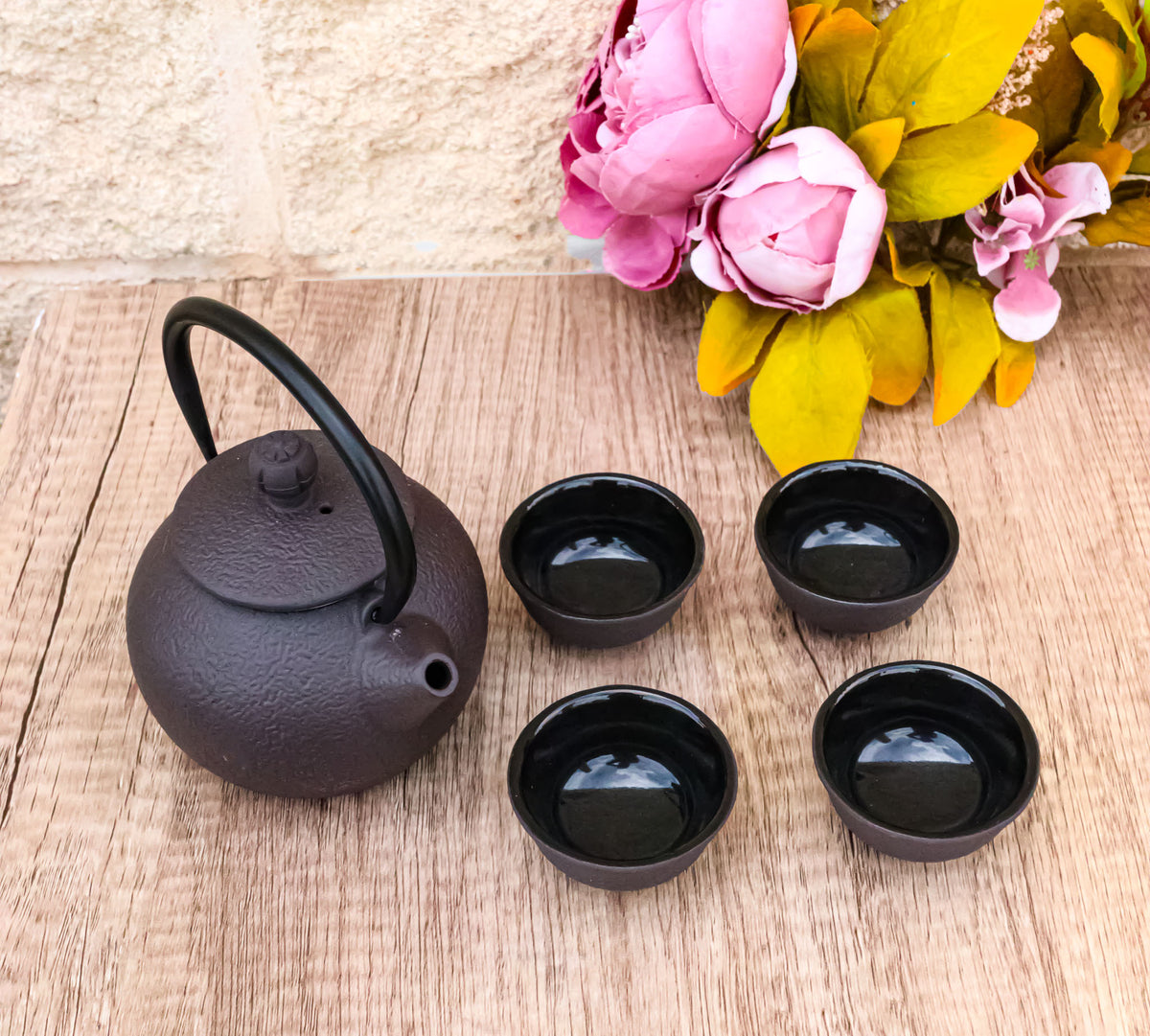 Round Dark Brown Textured Petite Cast Iron Teapot 10oz With 4 Mini Tea Cups Set
