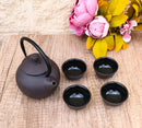 Round Dark Brown Textured Petite Cast Iron Teapot 10oz With 4 Mini Tea Cups Set