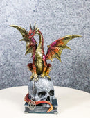 Metallic Red And Gold Dragon On Oversized Witch Skull With Pentagram Figurine