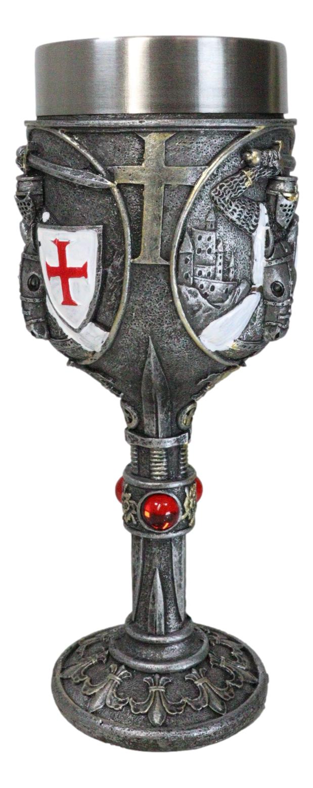 Medieval Templar Crusader Knight Suit of Armor On Horse Wine Goblet Chalice Cup