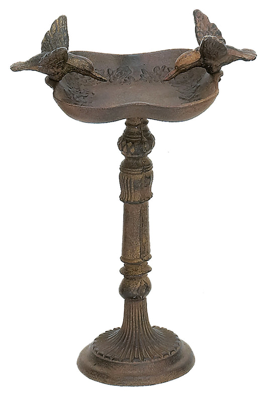 Rustic Cast Iron Hummingbirds Perching On Ornate Garden Bird Feeder Bath 11"H
