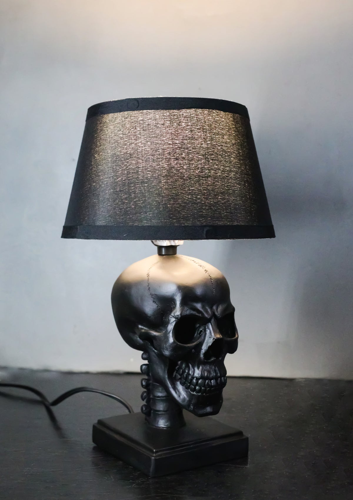 Ebros Gift Grinning Evil Black Hallowed Skull Cranium Table Lamp with Shade