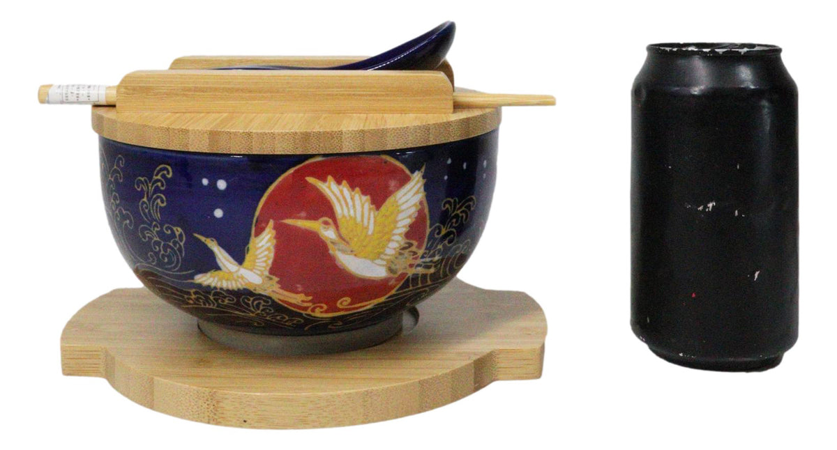 Red Moon Golden Crane Donburi Ramen Bowl With Lid Trivet Spoon Chopsticks Set - Ebros Gift