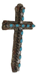 7"Tall Rustic Western Faux Distressed Wood Wall Cross With Turquoise Pebble Gems