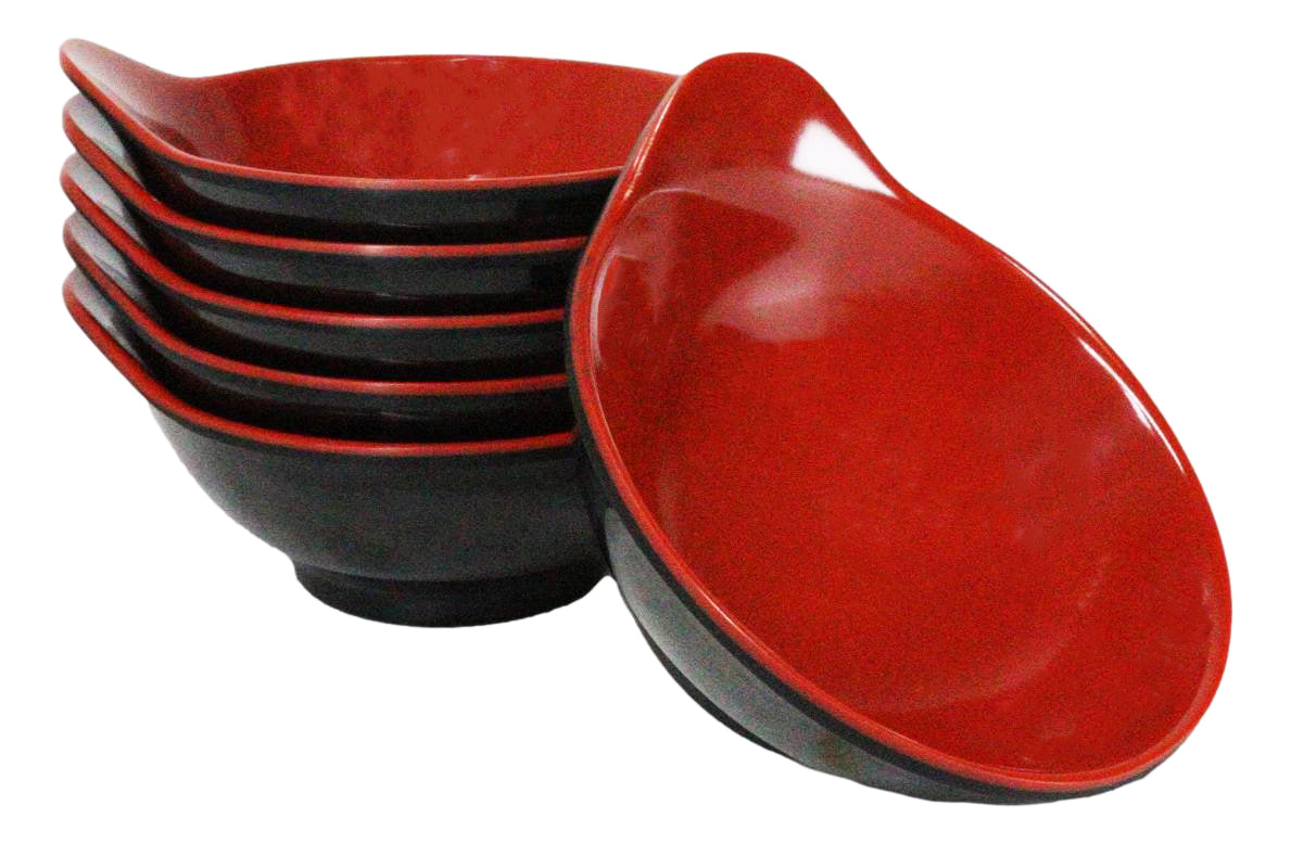 Pack Of 6 Red And Black Melamine Small Soup Salad Rice Bowls With Handle 5"L