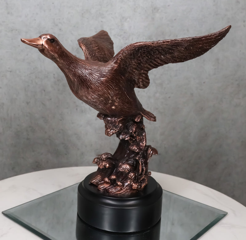 Rustic Pond Flying Mallard Duck Statue In Bronze Electroplated Resin Finish