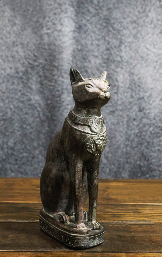 Ancient Egyptian Ubasti Bastet Cat Sitting in Royal Pose Faux Clay Figurine 7"H