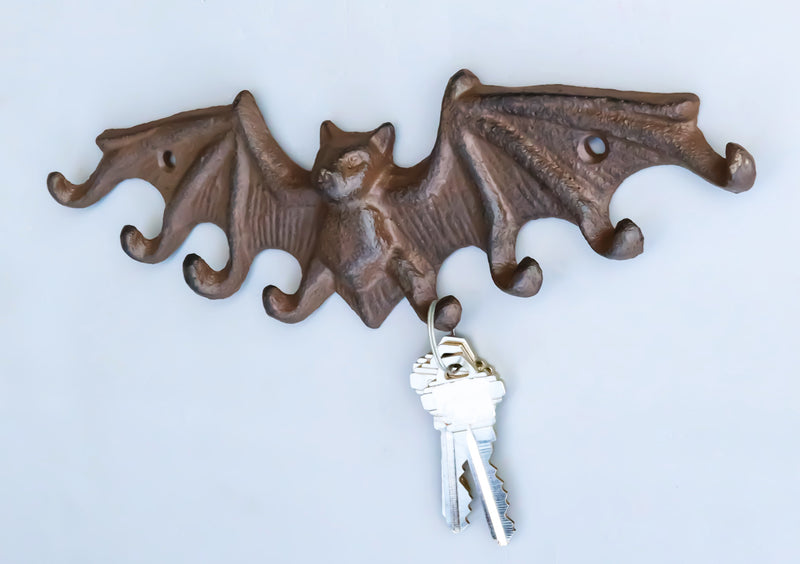 Cast Iron Rustic Dracula's Perch Winged Bat 8 Pegs Quadruple Wall Hook Decor