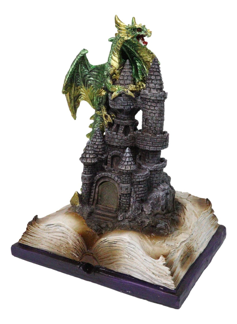 Medieval Green Dragon Perching On LED Castle With Book of Spells Figurine