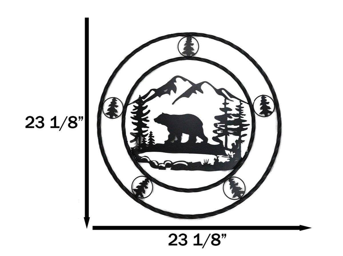 24"Dia Rustic Western Black Bear By Mountains Pine Forest Metal Wall Circle Sign - Ebros Gift