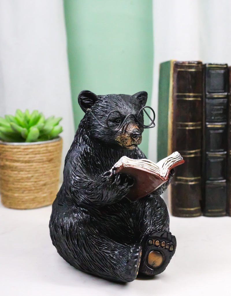 Rustic Forest Western Bookworm Black Bear with Glasses Reading Book Figurine