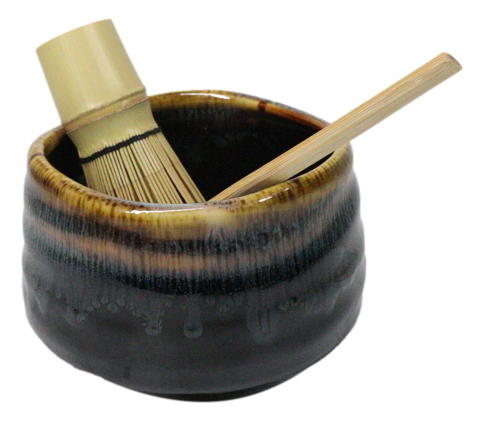 Black Brown Waterfall Ceramic Japanese Matcha Green Tea Bowl Whisk & Scoop Set