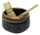 Black Brown Waterfall Ceramic Japanese Matcha Green Tea Bowl Whisk & Scoop Set