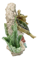 Green Sea Turtle Mother and Hatchling Swimming by Coral Reef Overhang Figurine