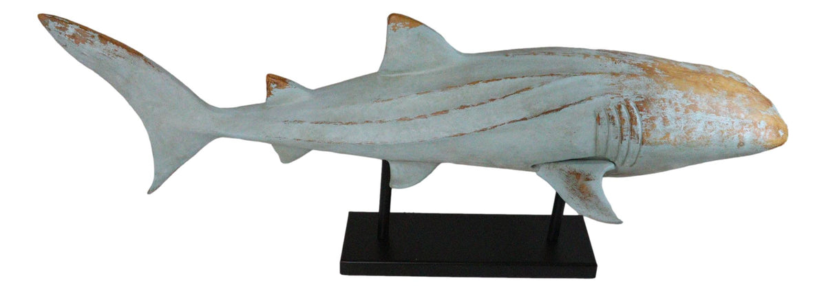 Large Nautical Marine Whale Shark Faux Wood Sculpture On Black Stand 37" Long