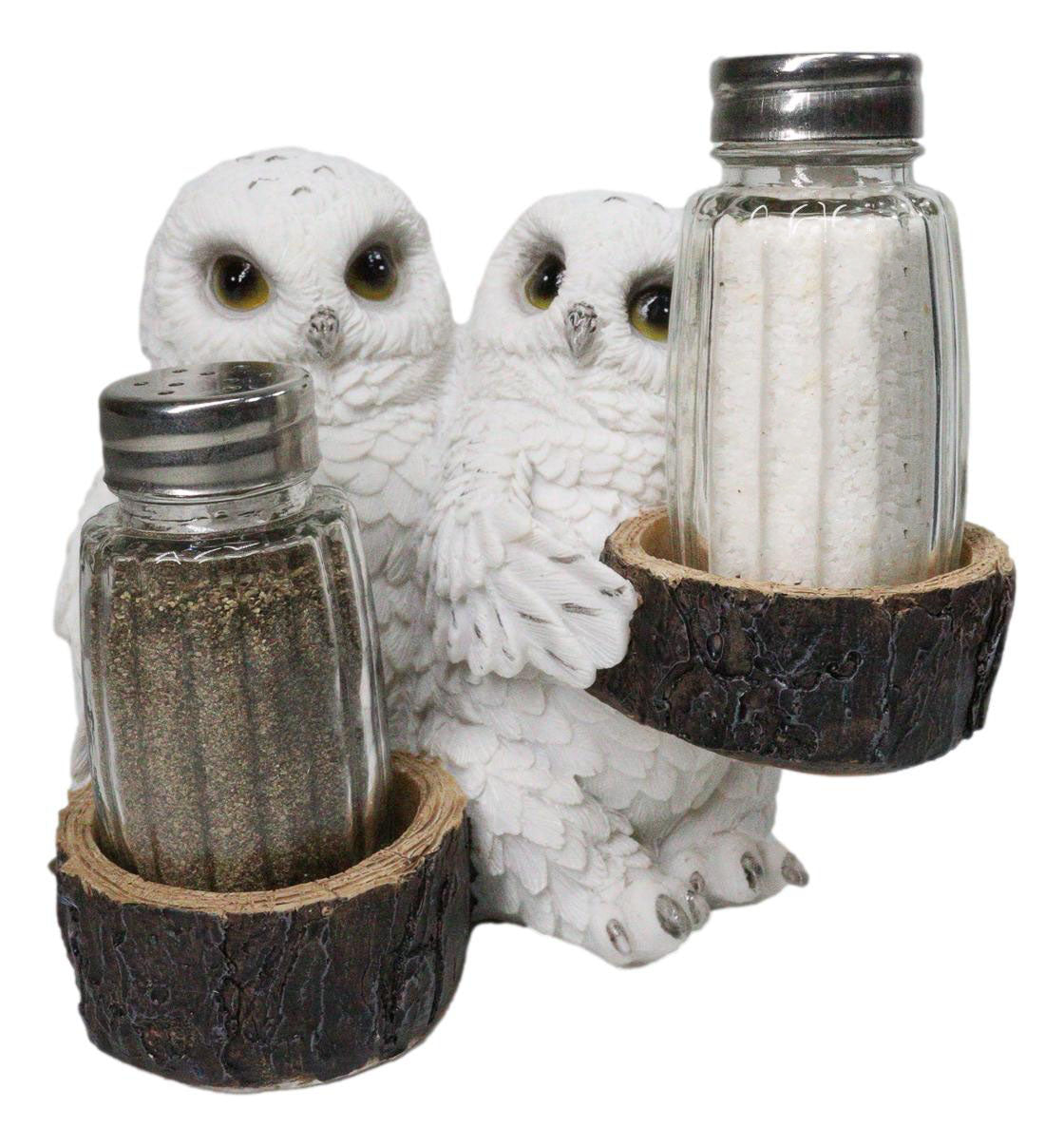 Wildlife Birds White Snowy Owl Couple Salt and Pepper Glass Shakers Holder