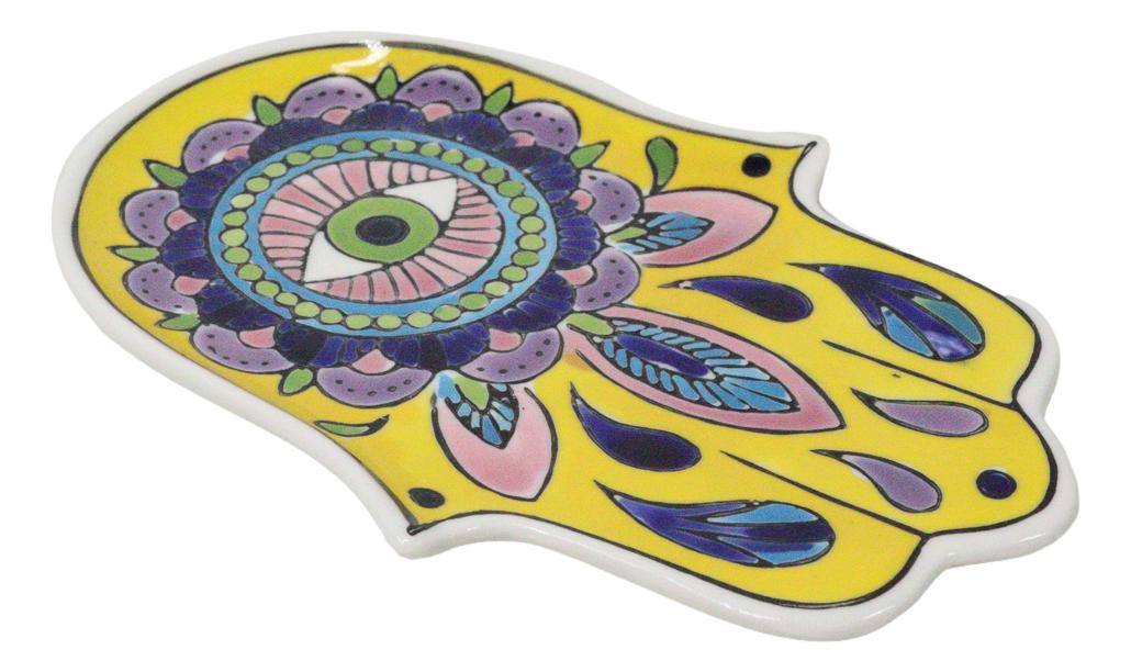 Yellow Chakra Hamsa Palm Mandala and Evil Eye Ceramic Dish Brass Incense Holder