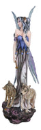 Pretty Fairy In Evening Gown With Gold Wand Accompanied By Gray Wolves Figurine