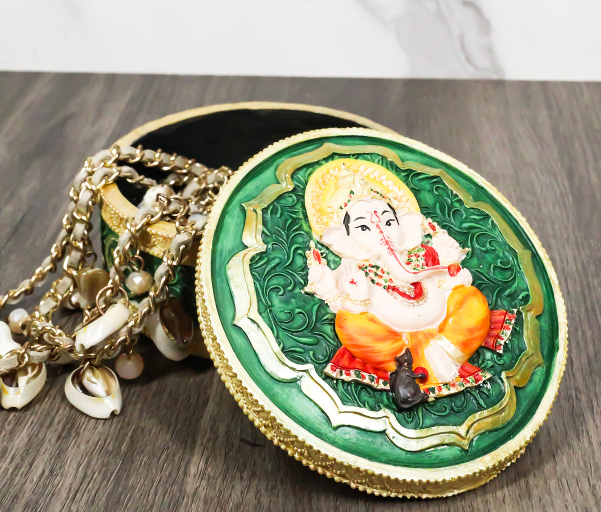 Ganapati Lord Ganesha Mandala Flower And Ohm Sign Decorative Round Trinket Box - Ebros Gift
